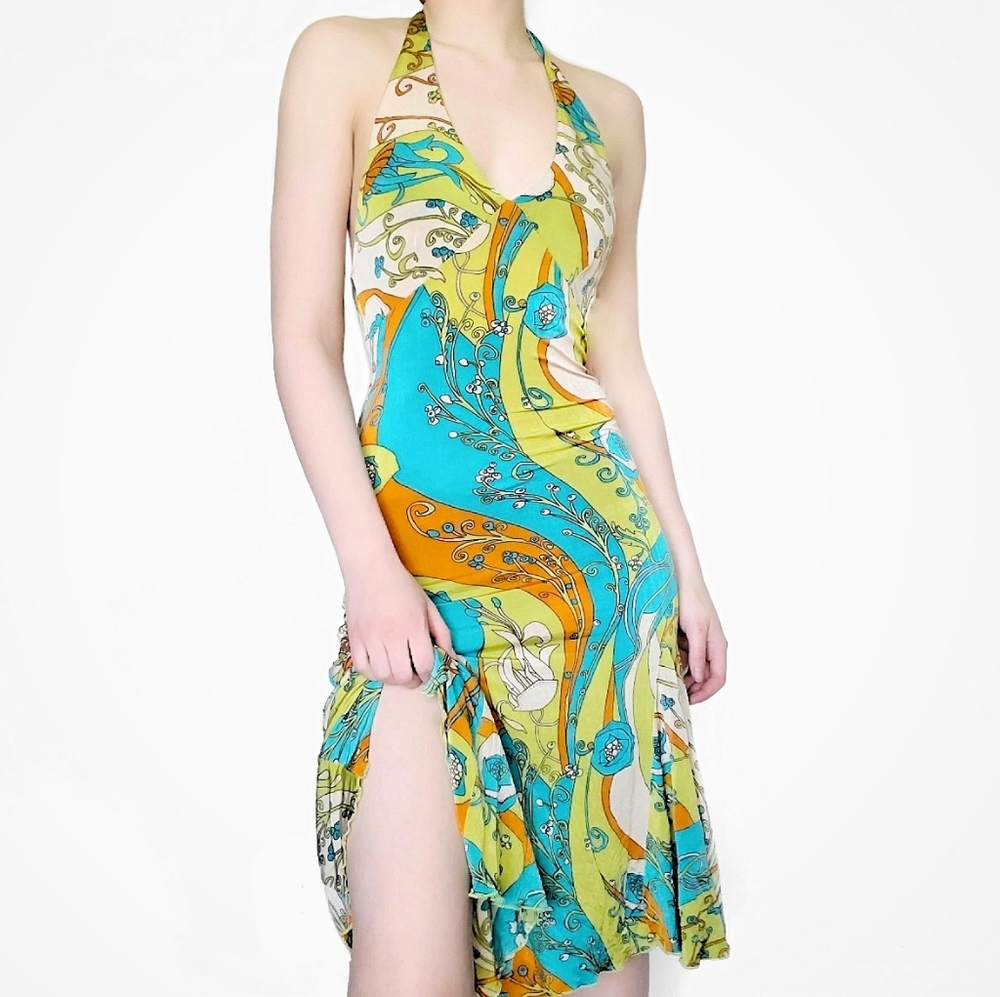 Funky Abstract Psychedelic Late 90s Eary 2000s Y2K Halter Dress